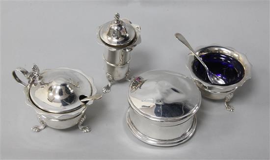 A Edwardian three piece silver condiment set and a damaged trinket box.